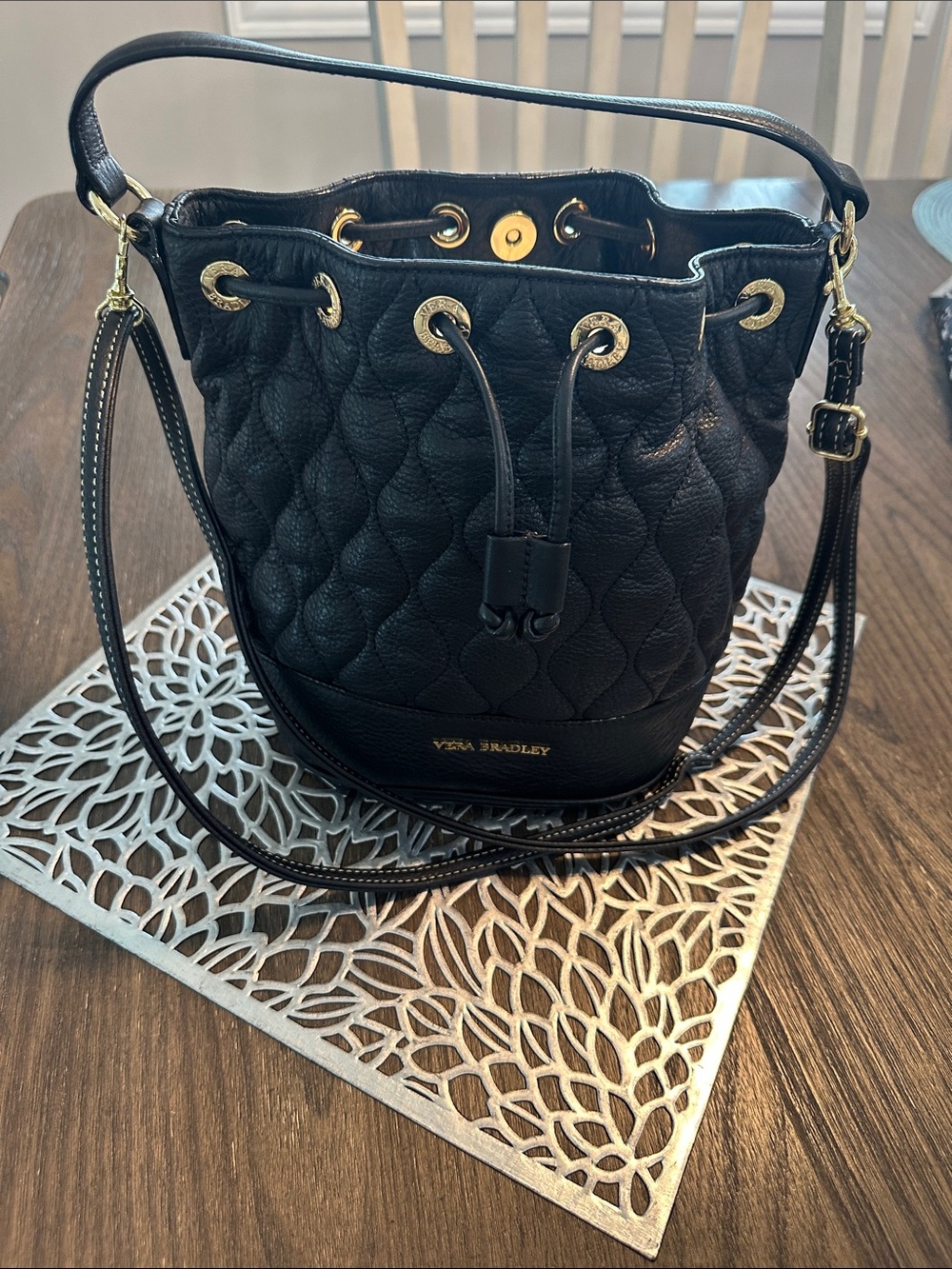 Vera Bradley Black Quilted Drawstring Bucket Crossbody